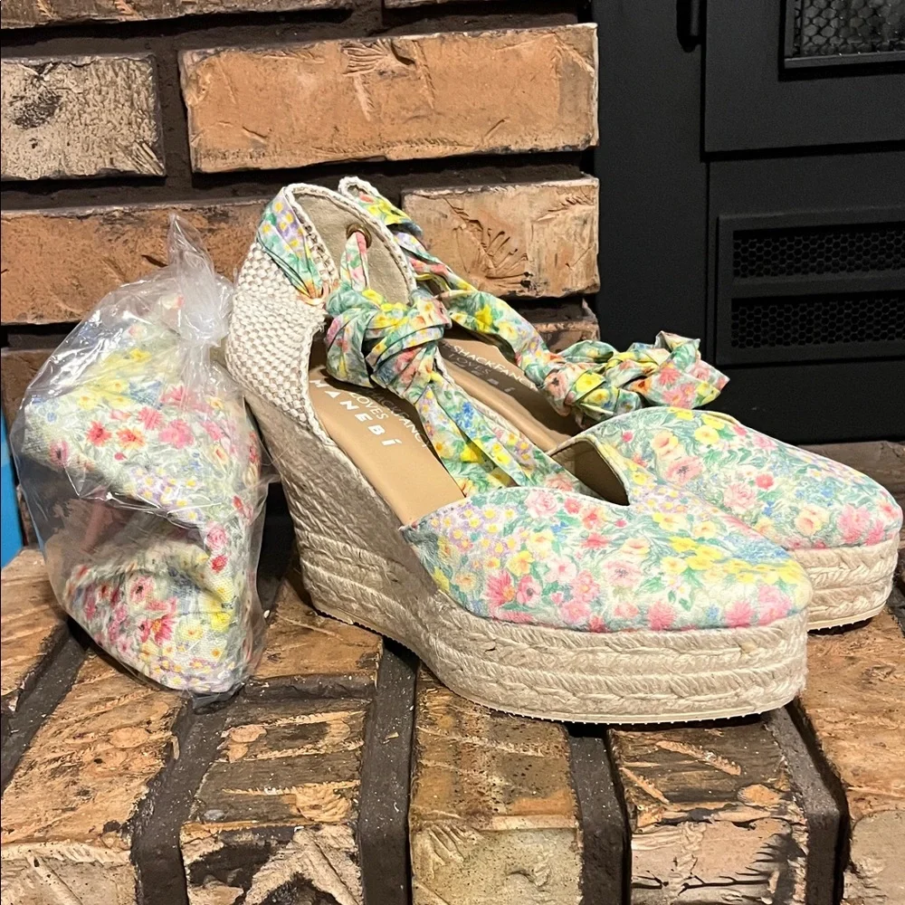 Loveshackfancy x Manebi Ankle-Tie Floral Suede Platform Espadrilles NWOT Size 40